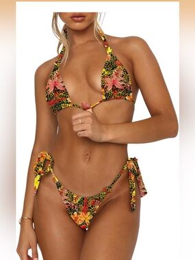 Floral Tie-Side Triangle Bikini Set Black Red & Yellow Flowers leopard print new